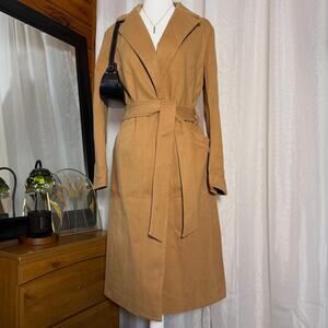 Camel Belted Longline Trench Coat Sz Medium Minimalist Classic Jacket